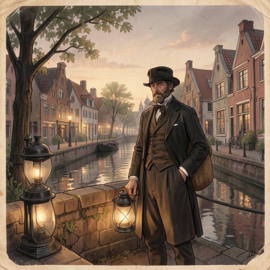 Illustratie van W.G. van der Hulst met lantaarn langs een Hasseltse gracht in de schemering
